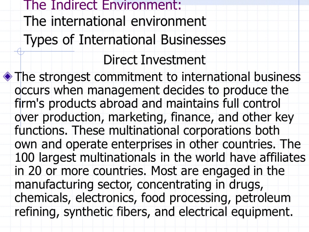 The Indirect Environment: The international environment Types of International Businesses Direct Investment The strongest